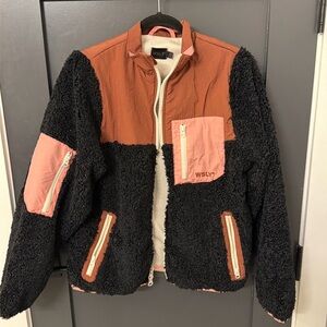 WSLY black Sherpa jacket with brown and pink accents